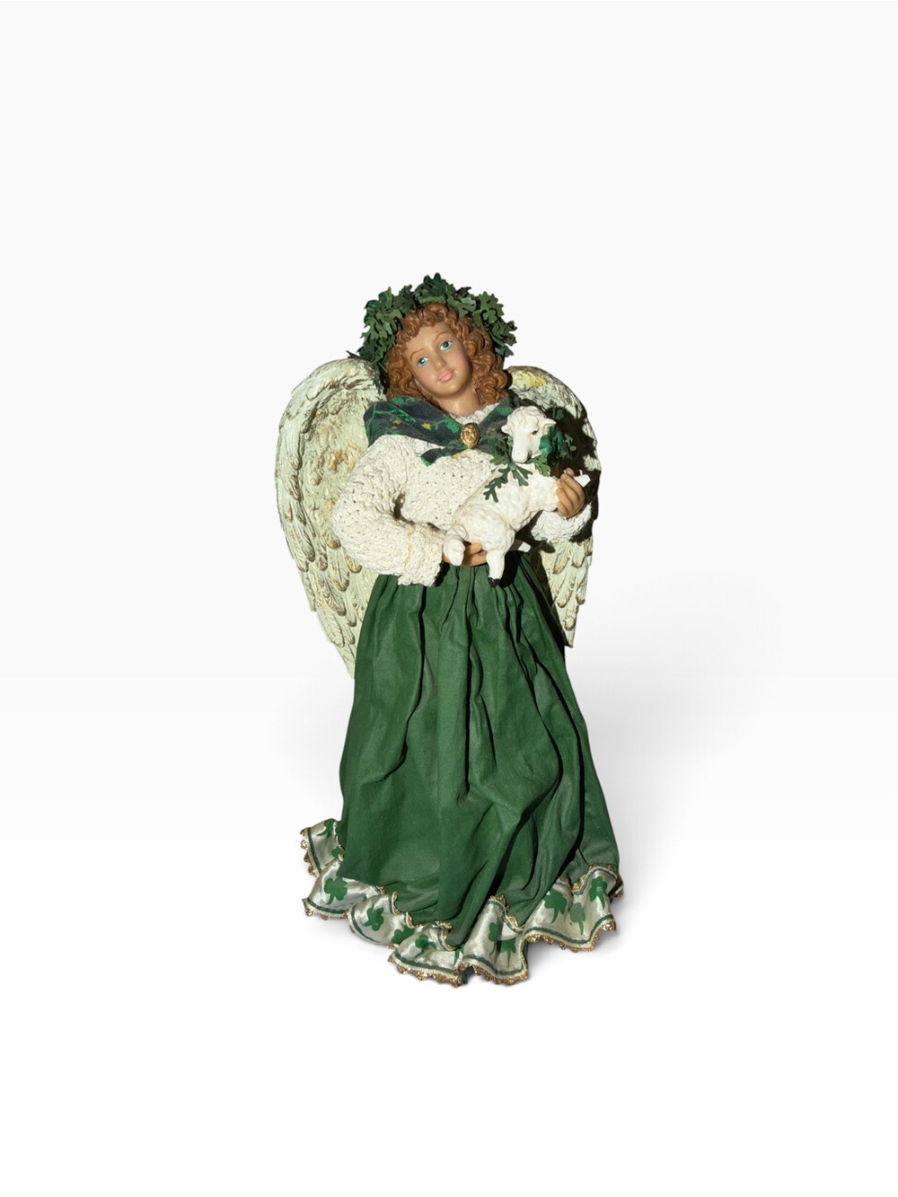 Green Angel with Lamb Holiday Figurine - Decorative Home Accent tree topper.